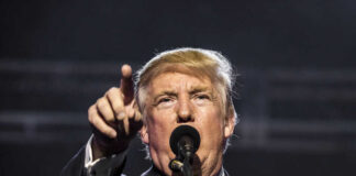 Donald Trump, points while speaking.