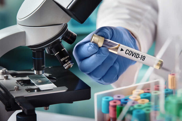 shutterstock_1644424099.jpg featured image Scientist holding COVID-19 vial near microscope.