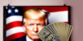 Hand holding cash in front of American flag background with Donald Trump's face