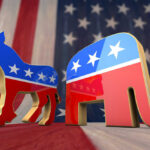 Donkey and elephant symbols with American flag background.