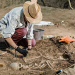Archaeologist excavating skeletal remains at an archaeological site.