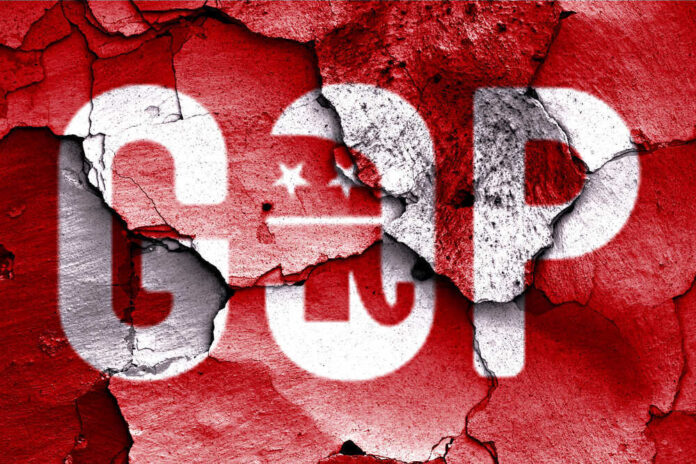 shutterstock_228973474.jpg featured image GOP logo with a cracked red background.