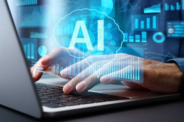 shutterstock_2603904059.jpg featured image Person typing on laptop with AI hologram