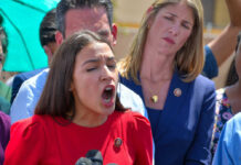 Alexandria Ocasio-Cortez speaking passionately at microphones.