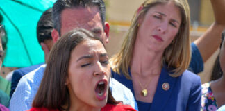 Alexandria Ocasio-Cortez speaking passionately at microphones.