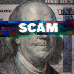 Dollar bill glitch effect with scam text overlay