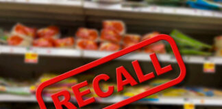 Recall notice over grocery store shelves