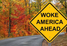 Yellow road sign: Woke America Ahead in autumn forest.