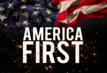 Text 'AMERICA FIRST' overlaid on an American flag background