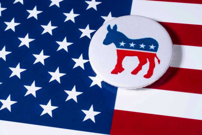 Democratic donkey button on American flag background