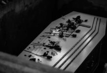 Coffin with flowers inside a dark burial plot