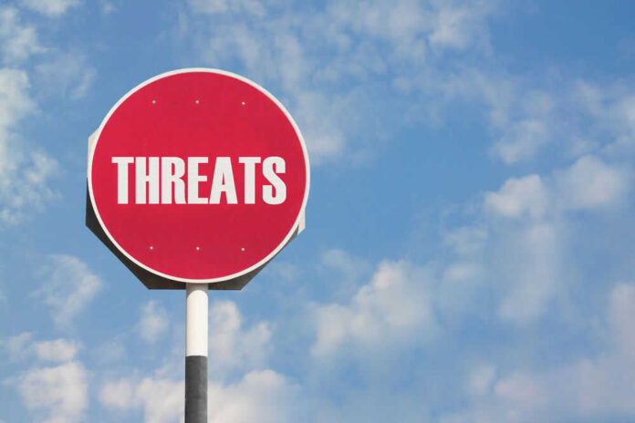 Red sign with the word threats against sky