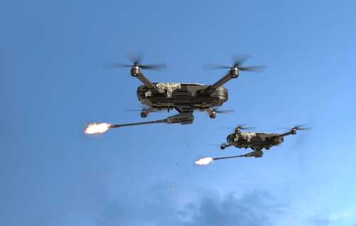 Two military drones firing projectiles in the sky