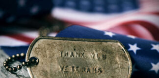 Dog tag and American flag honoring veterans