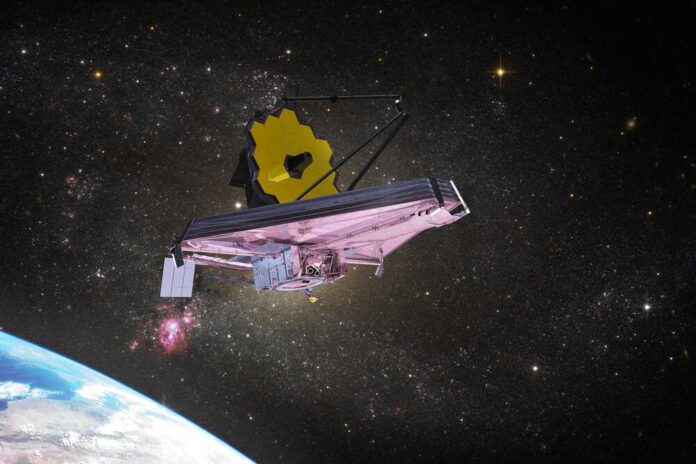 James Webb Space Telescope in orbit above Earth with a starry background