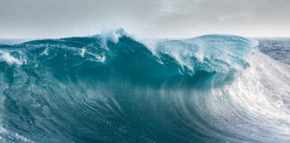 A large ocean wave curling with vibrant blue hues