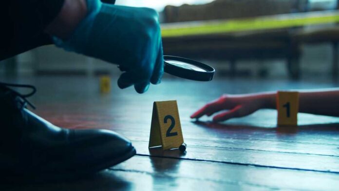 shutterstock_2213101829.jpg A detective examining evidence at a crime scene with markers on the floor