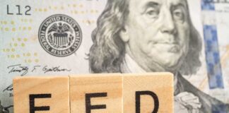Wooden blocks spelling 'FED' in front of a hundred dollar bill