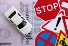 A toy car on top of a driving license surrounded by various traffic signs