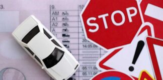 A toy car on top of a driving license surrounded by various traffic signs