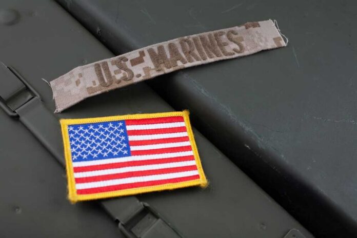 shutterstock_2289899247.jpg Military patches including a US Marines insignia and an American flag on a green surface