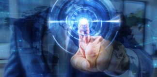 Businessman interacting with a digital interface displaying a global map