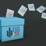 A blue voting box with ballot papers being cast into it for the 2028 election