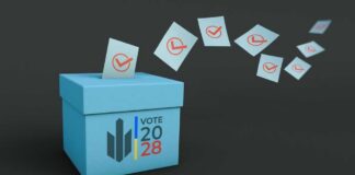 Democrat ALREADY Scheming for 2028 A blue voting box with ballot papers being cast into it for the 2028 election