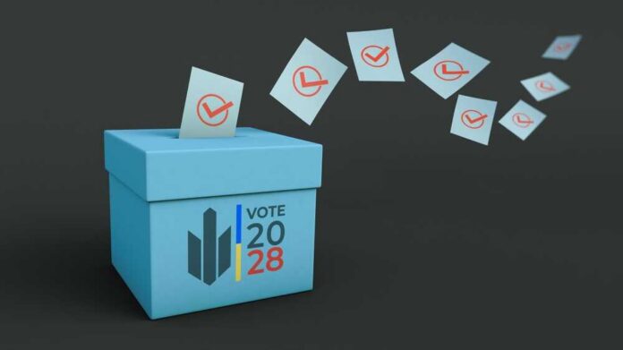 A blue voting box with ballot papers being cast into it for the 2028 election