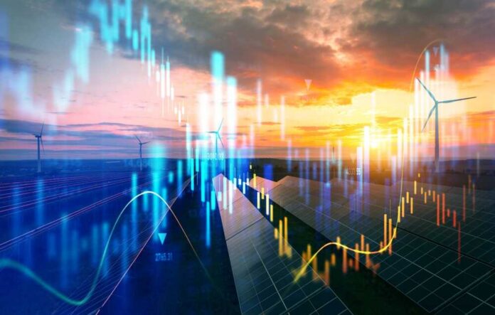 A landscape featuring solar panels and wind turbines with data graphs overlaying the sunset