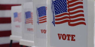 Voting booths with American flags and VOTE signs.