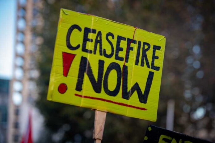 Bright yellow protest sign reading 'CEASEFIRE NOW'
