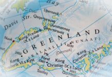 Close-up of a map showing Greenland and its geographical features