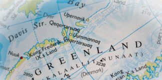 Close-up of a map showing Greenland and its geographical features