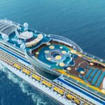 Aerial view of a cruise ship with various deck amenities