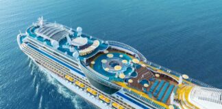 Aerial view of a cruise ship with various deck amenities