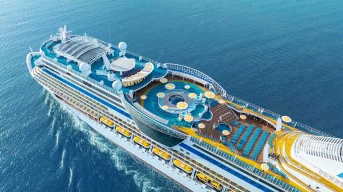 Aerial view of a cruise ship with various deck amenities