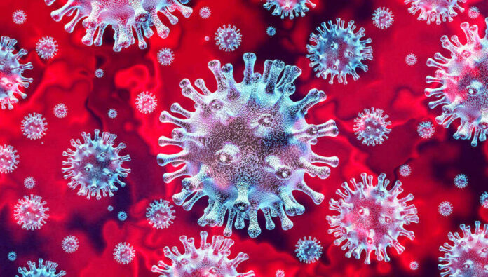 shutterstock_1621031059-1 Microscopic view of coronavirus on a red background.