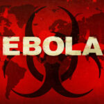 Biohazard symbol over world map with bold epidemic headline