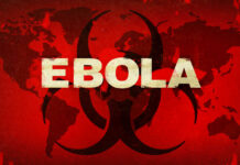 Biohazard symbol over world map with bold epidemic headline