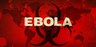 Ebola Exposure: Americans Caught in Outbreak Biohazard symbol over world map with bold epidemic headline