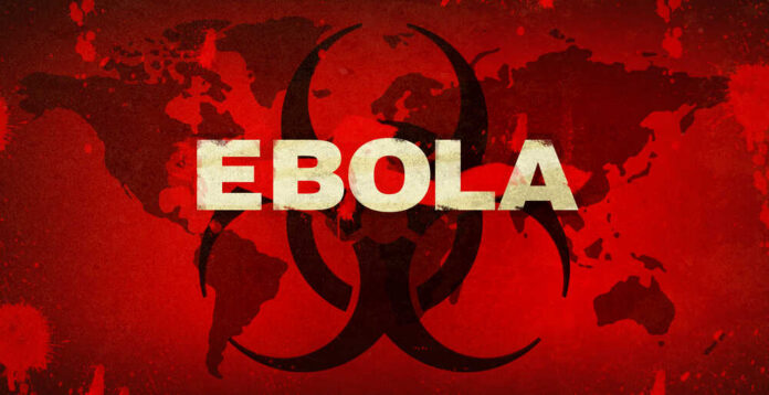Biohazard symbol over world map with bold epidemic headline
