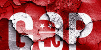 Trump’s Shake-Up: GOP Senator OUT! GOP logo with a cracked red background.