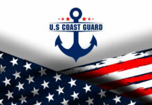 US Coast Guard emblem with American flag background