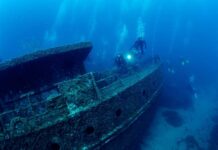 WILD WATERS: Death on the Reef Divers exploring a sunken shipwreck underwater