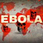 Ebola text over world map with red splatters and skulls