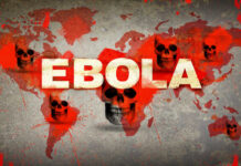 Ebola text over world map with red splatters and skulls