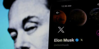 Elon Musks profile on mobile screen, blurred background face.