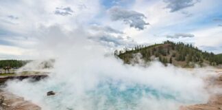 A geothermal hot spring emitting steam in a natural landscape