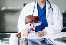 Miracle Pill Stuns Deadliest Cancer Healthcare professional presenting a liver anatomy model on a table